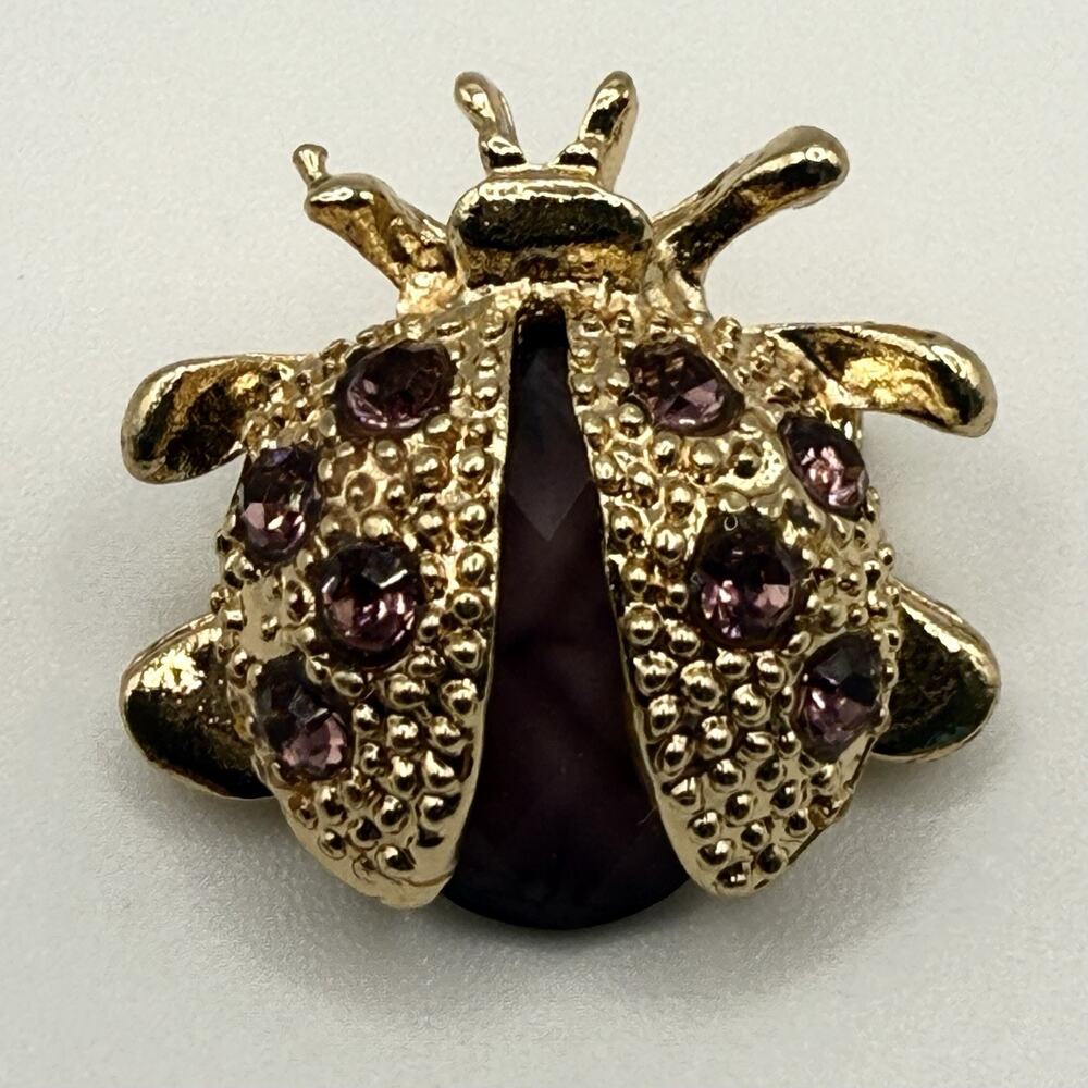 Gold Tone Ladybug Pin Purple Rhinestone